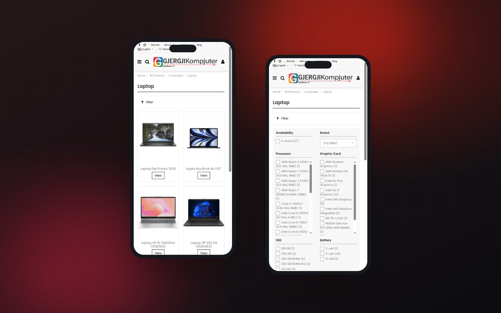 The mobile filter closed, then opened as a two column sheet