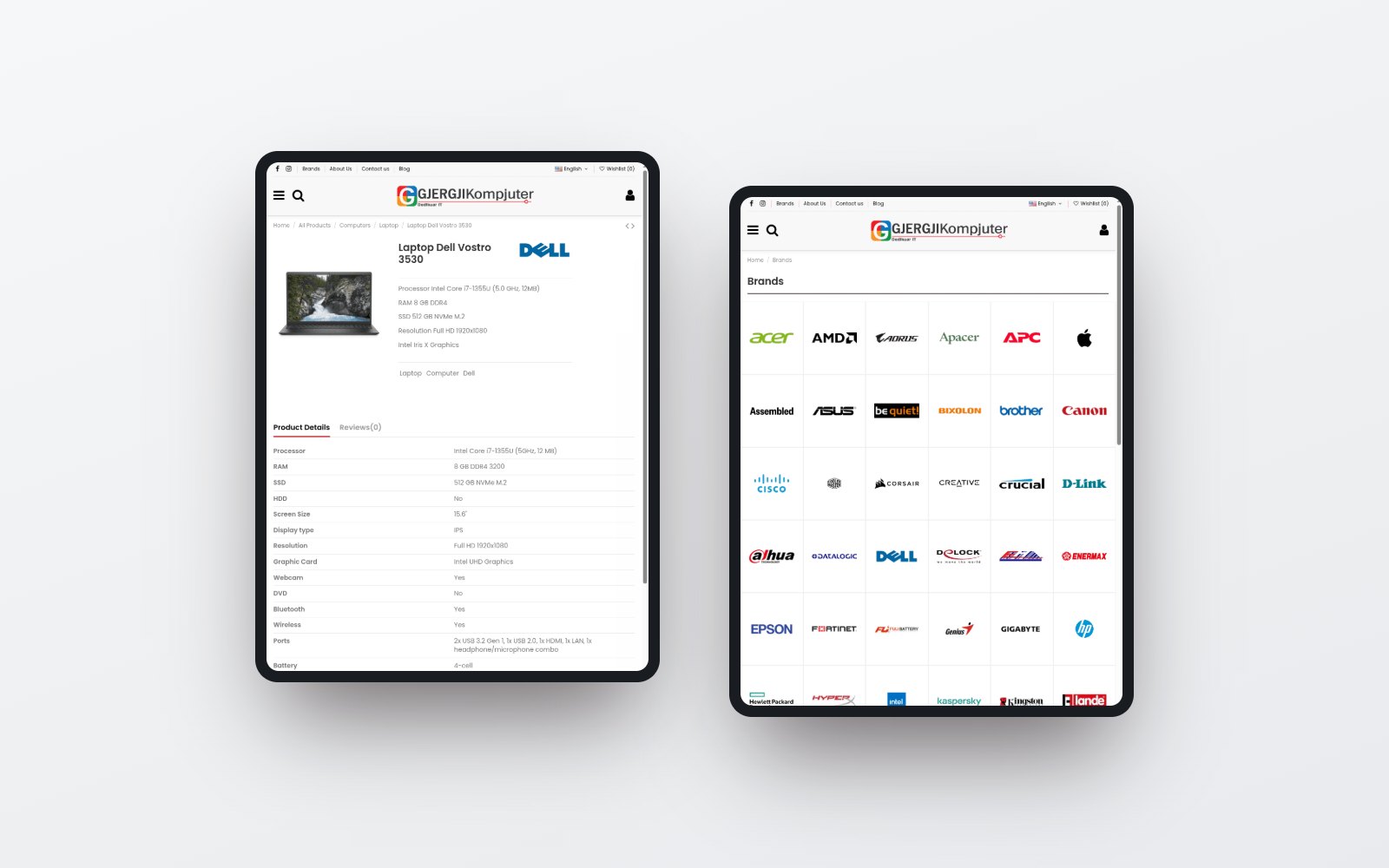 A product page and the brand index on a tablet