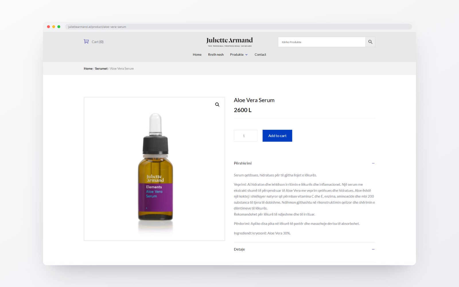 A product page with its description and ingredients