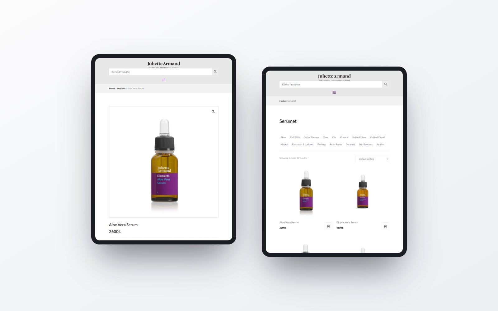 A product page and a category on a tablet