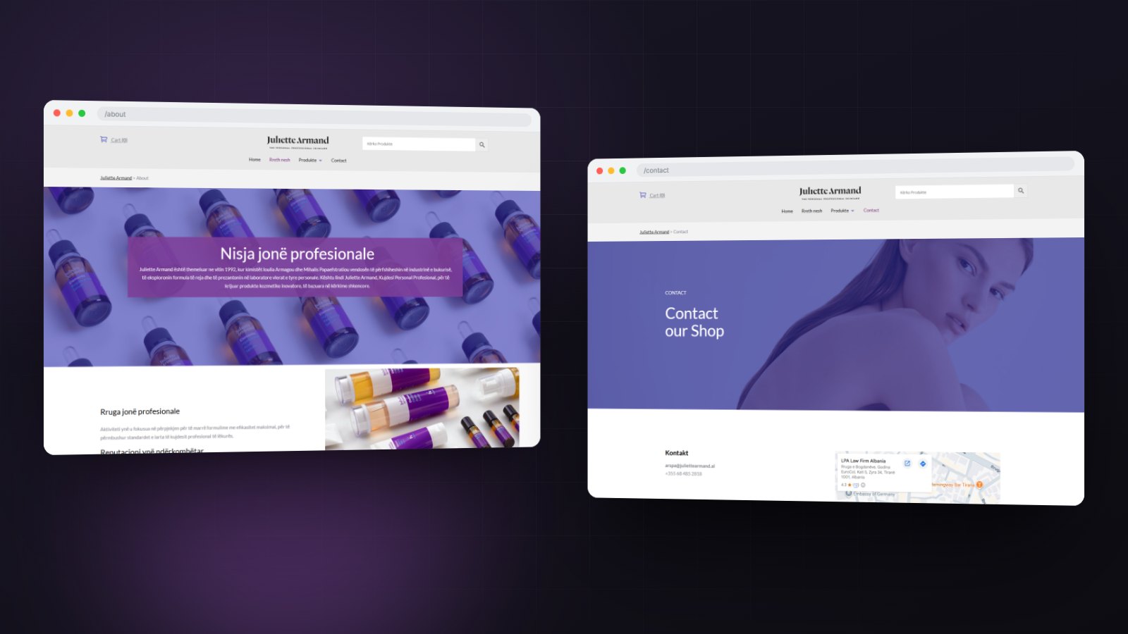 The about and contact pages