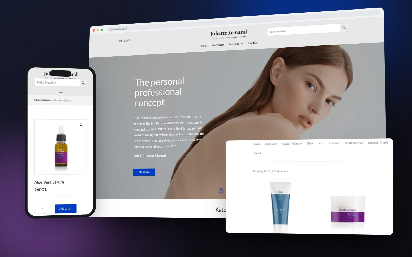 The Juliette Armand storefront, a product page and the phone view, layered