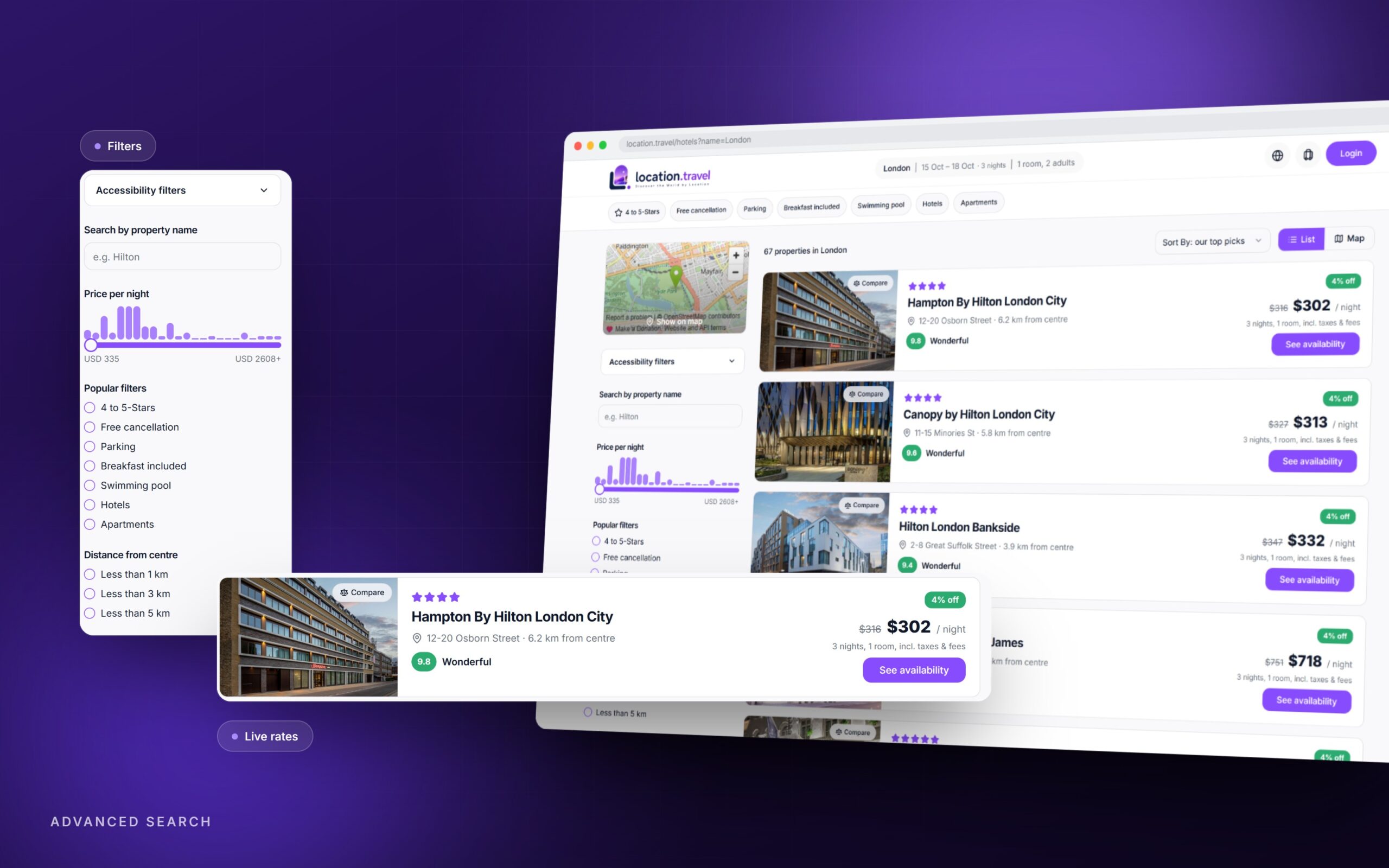 Location.travel, the advanced hotel search with filters, live rates and map