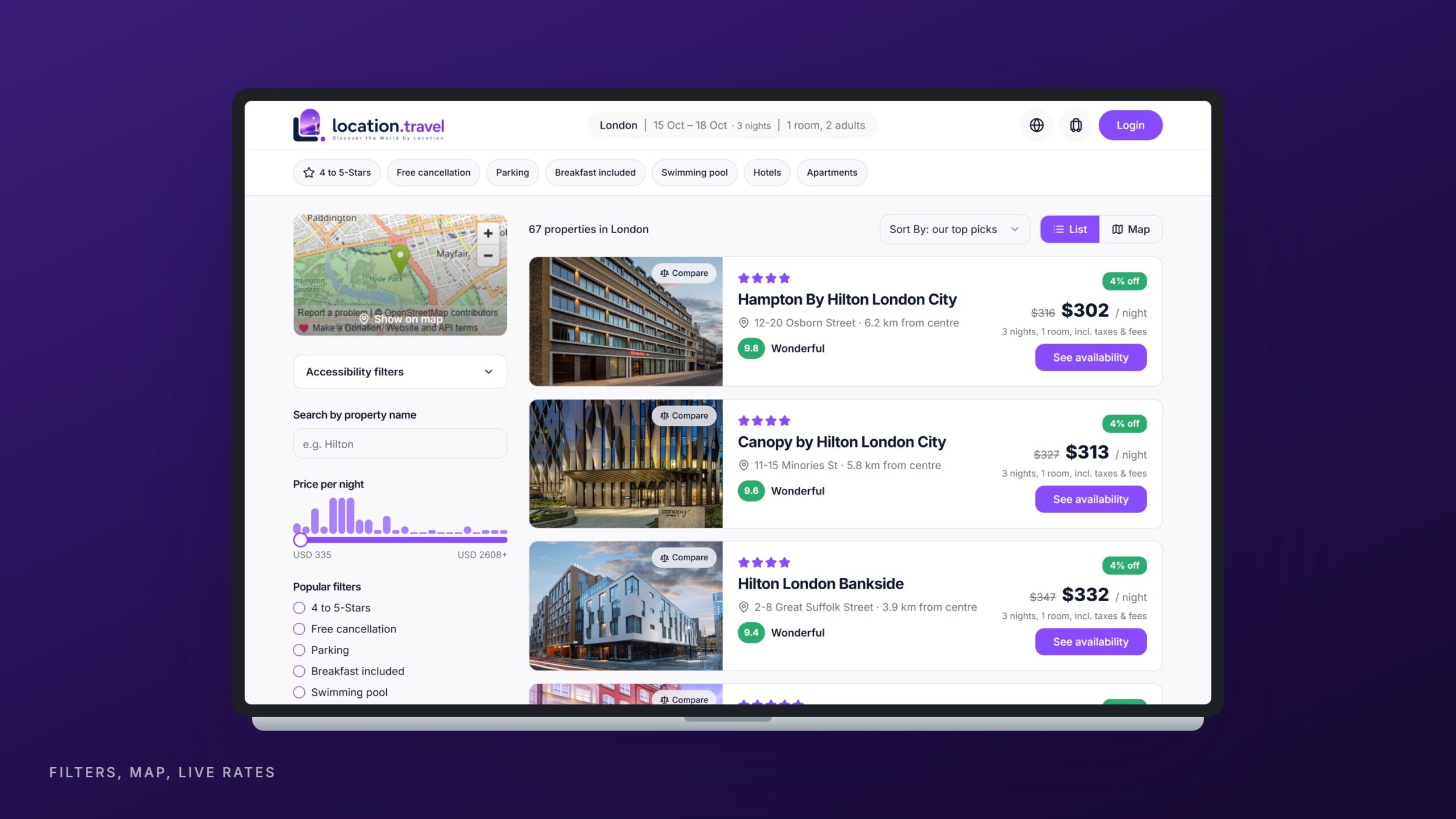 Location.travel, search filters and live rates on a laptop
