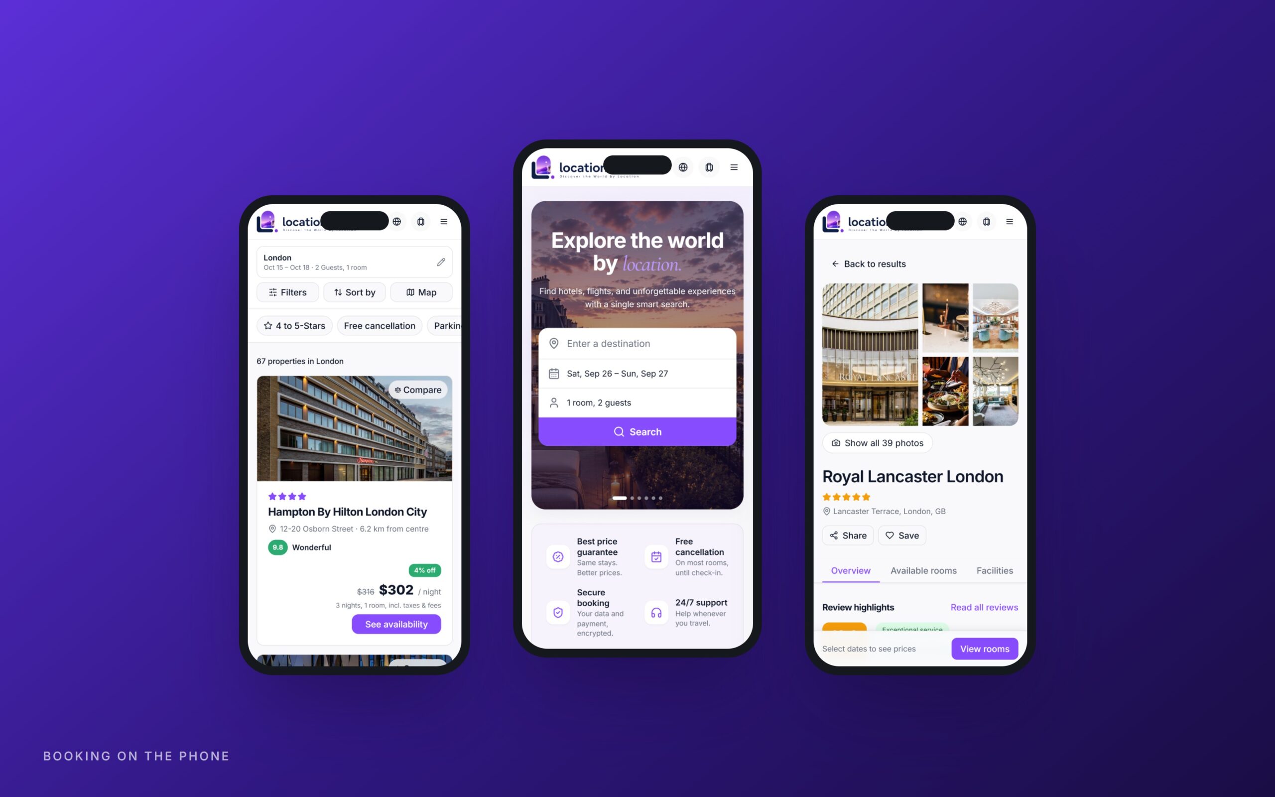 Location.travel, search, home and property screens on mobile
