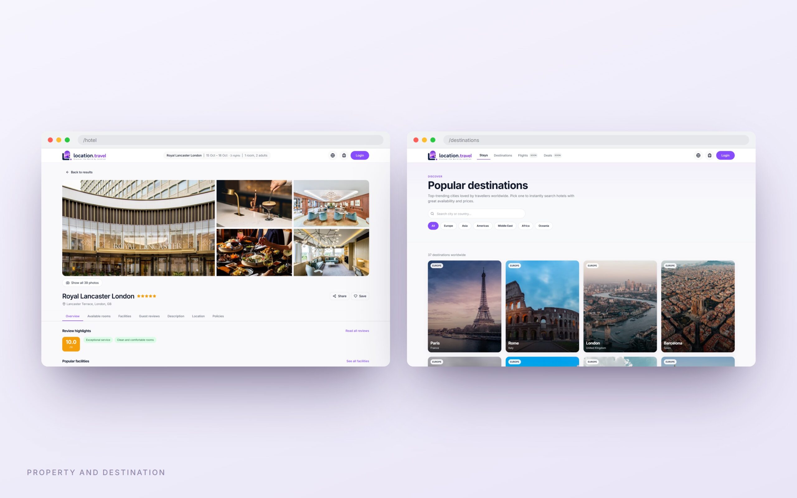 Location.travel, property page and destinations page