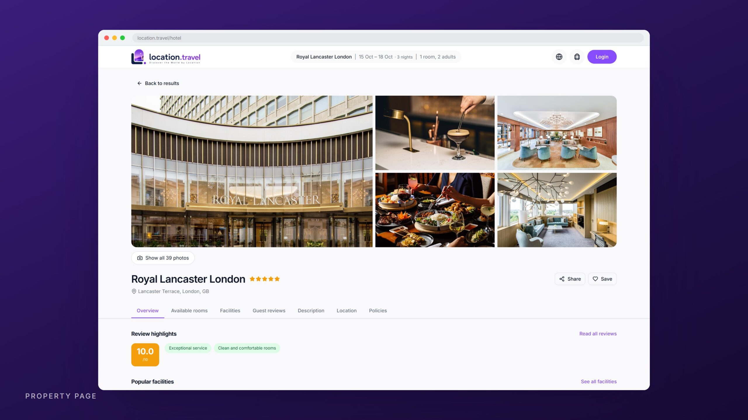 Location.travel, property detail page on desktop