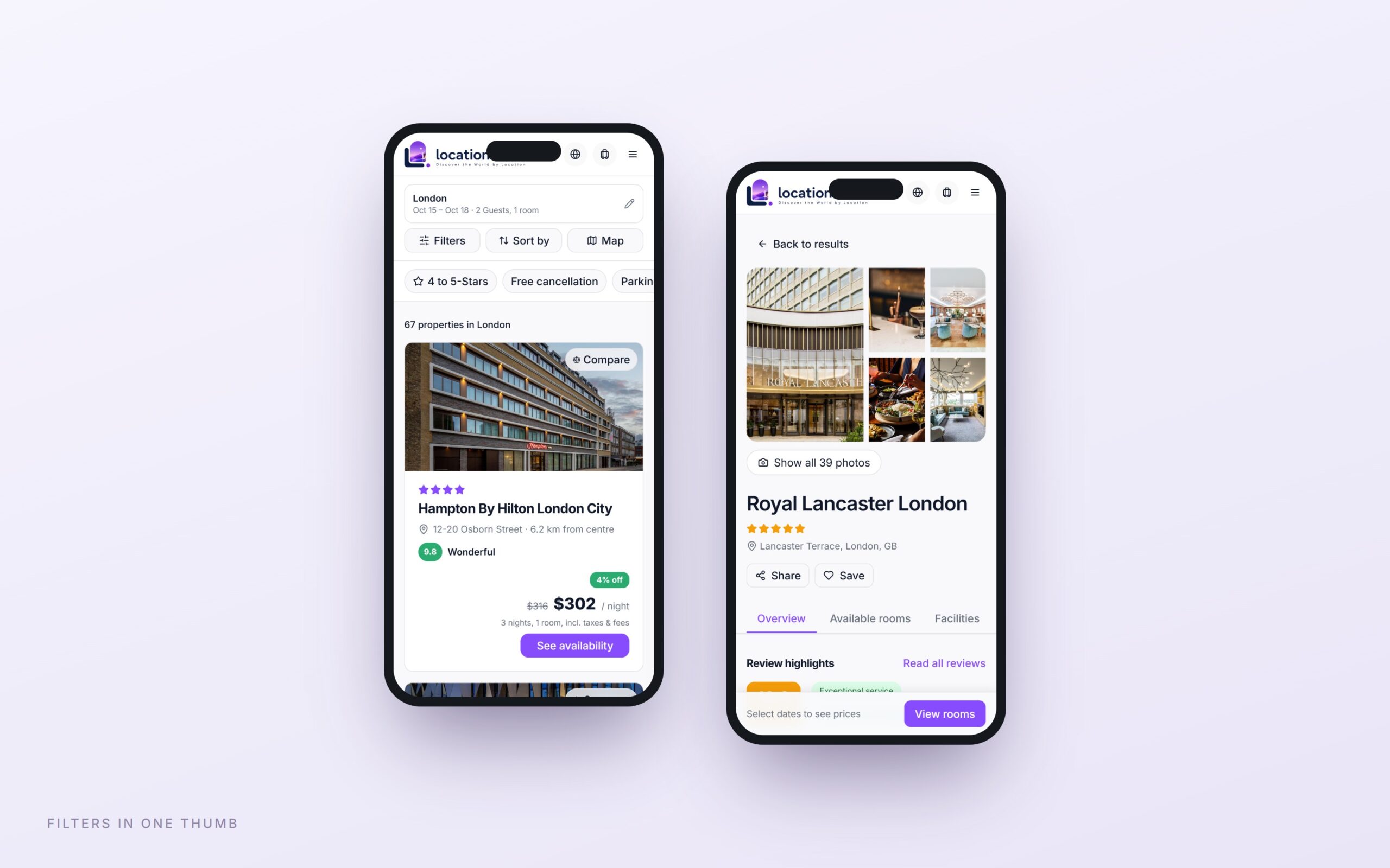 Location.travel, search results and property page on mobile