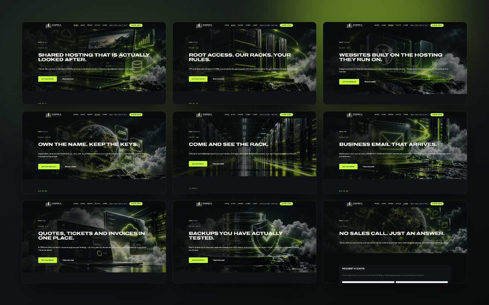 The nine service pages as a single wall