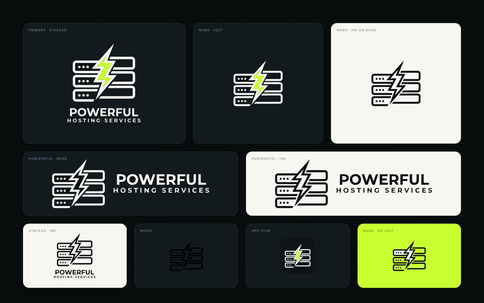 The Powerful Hosting logo system in its colourways