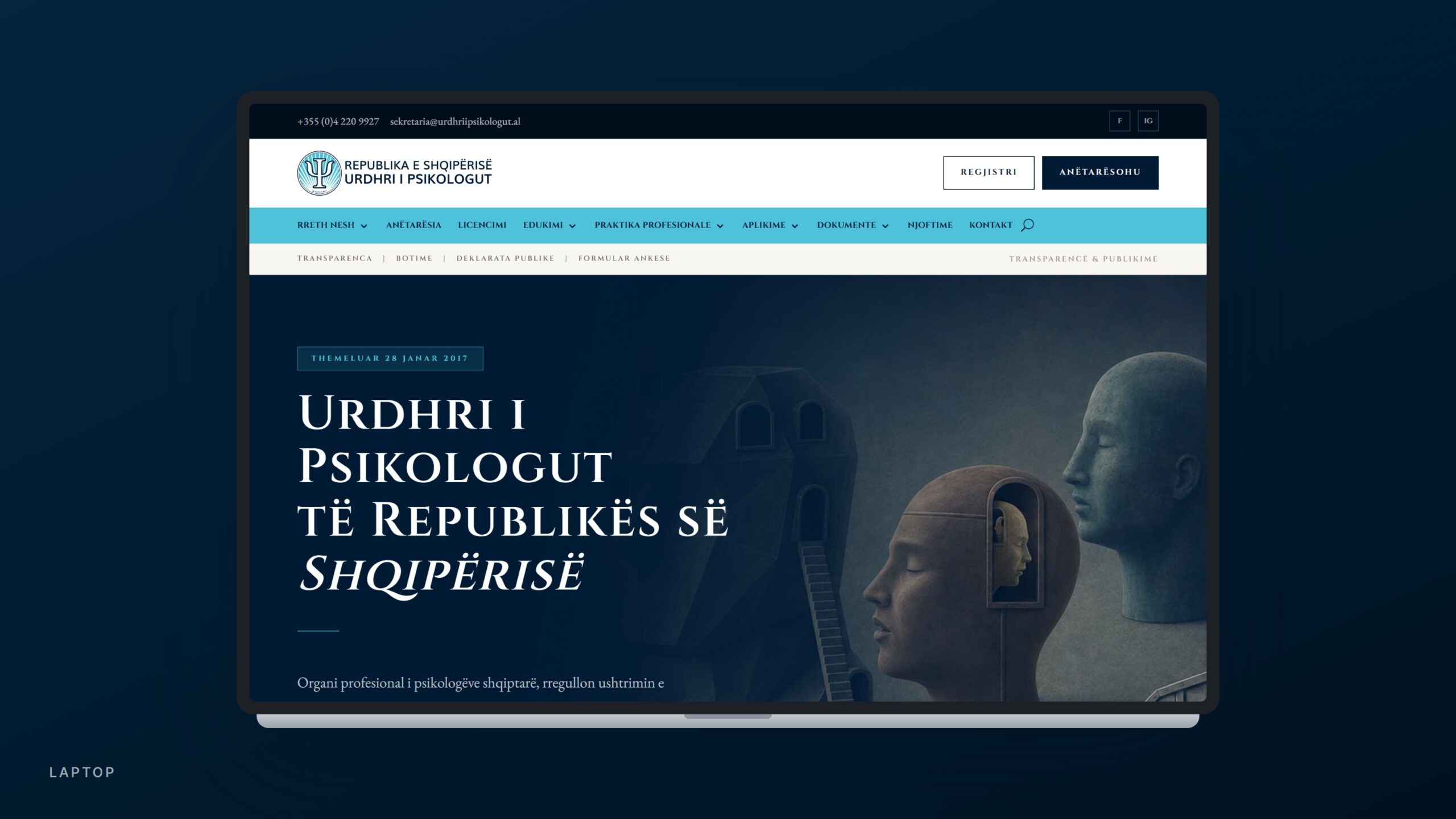 Urdhri i Psikologut, home page on a laptop