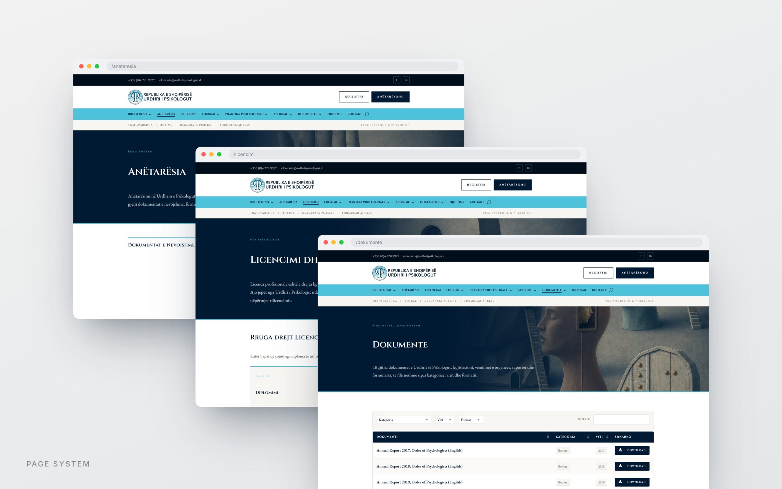 Urdhri i Psikologut, membership licensing and documents pages on desktop