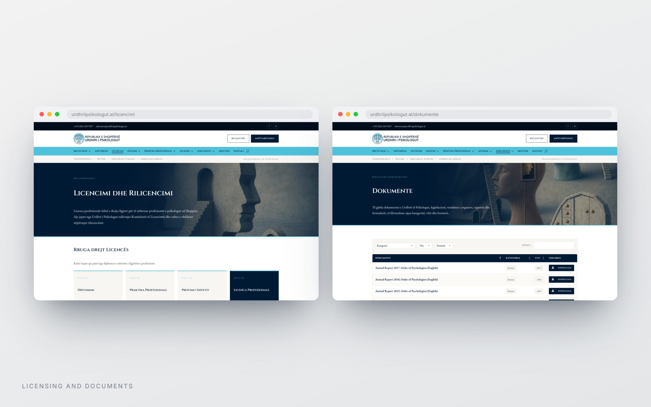 Urdhri i Psikologut, licensing and documents pages on desktop