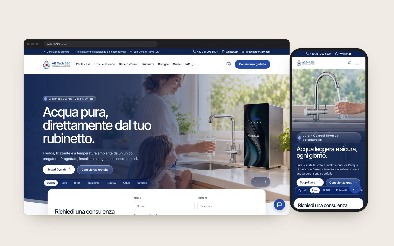 The redesigned AE Tech 360 home page in a browser, with the phone view beside it