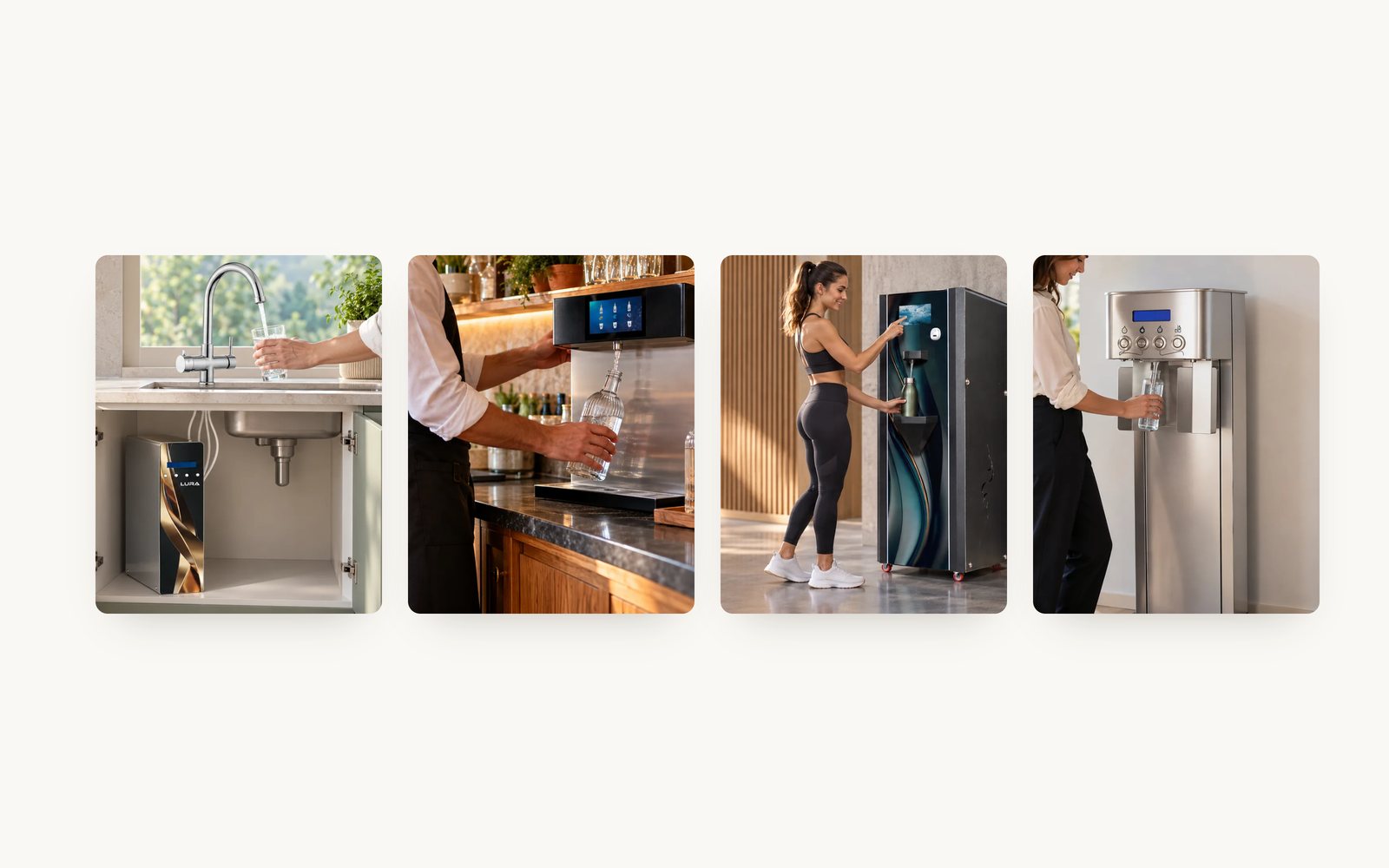 Four scenes made with AI from the catalogue's own product photos: Lura under a sink, a Drini at a restaurant, Althea in a gym, a Dyrrah Tower in an office