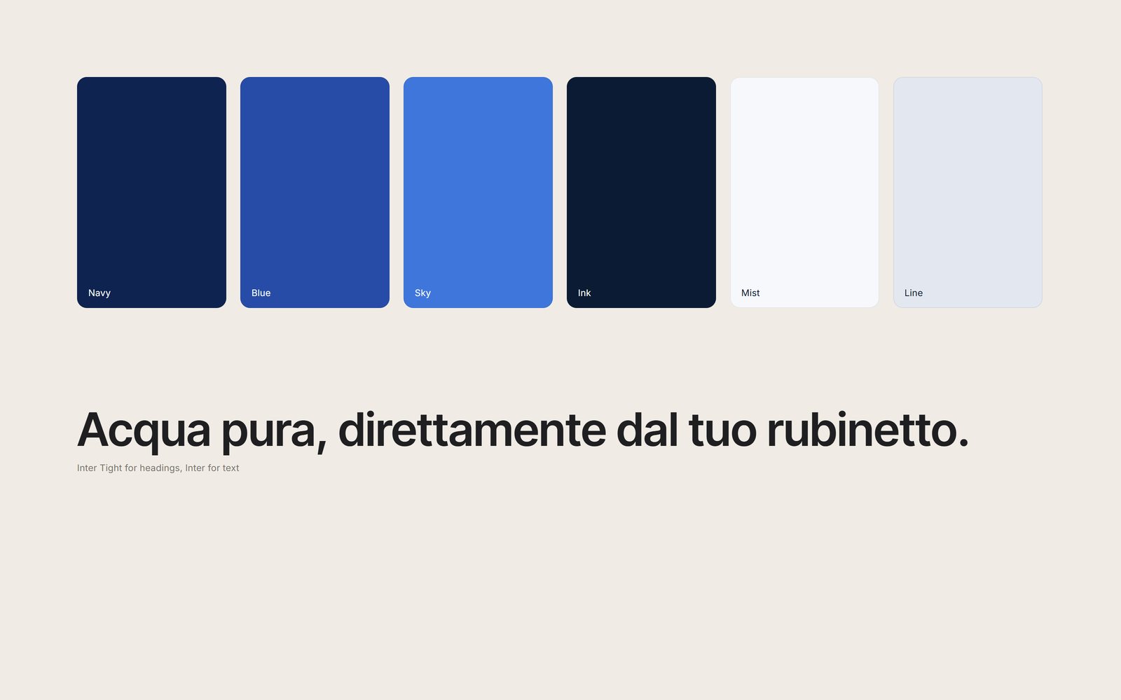 The colours navy, blue, sky, ink, mist and line, and the heading type Inter Tight