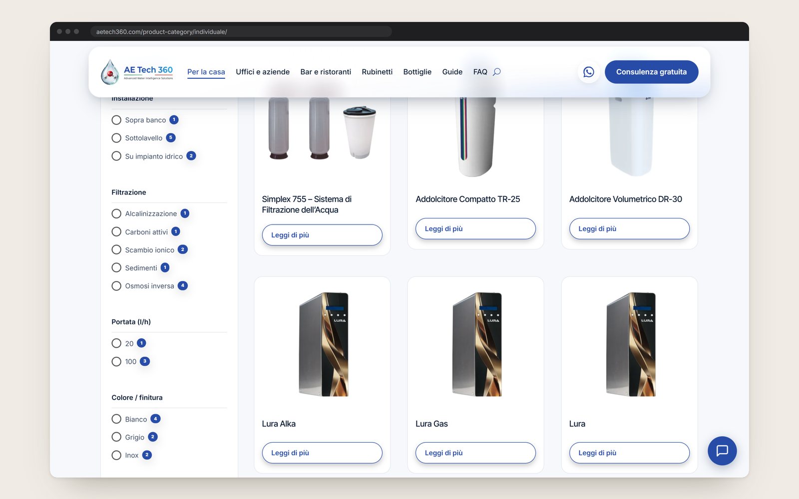 The category filters beside the products