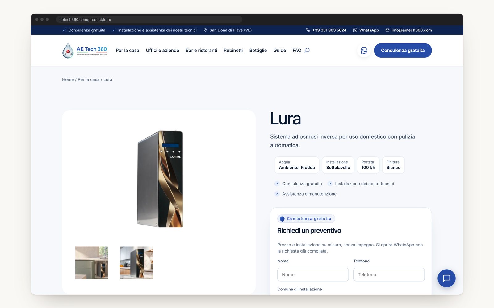 A product page: gallery, spec chips and the quote form