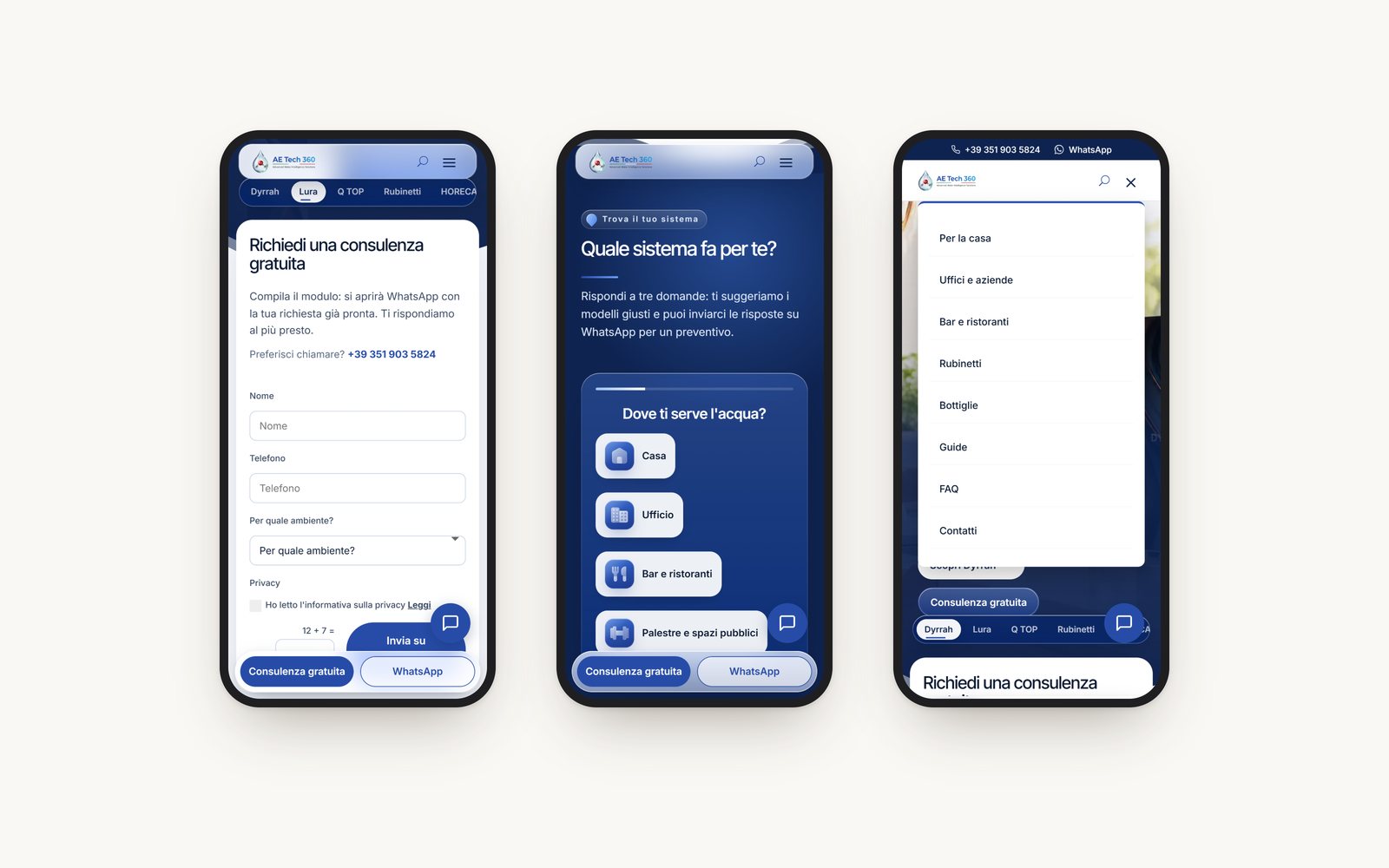 Three phone screens: the consultation form, the system finder and the menu
