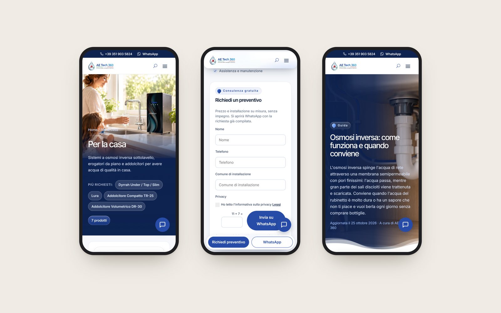 Three phone screens: a category, a product page with its request bar, a guide