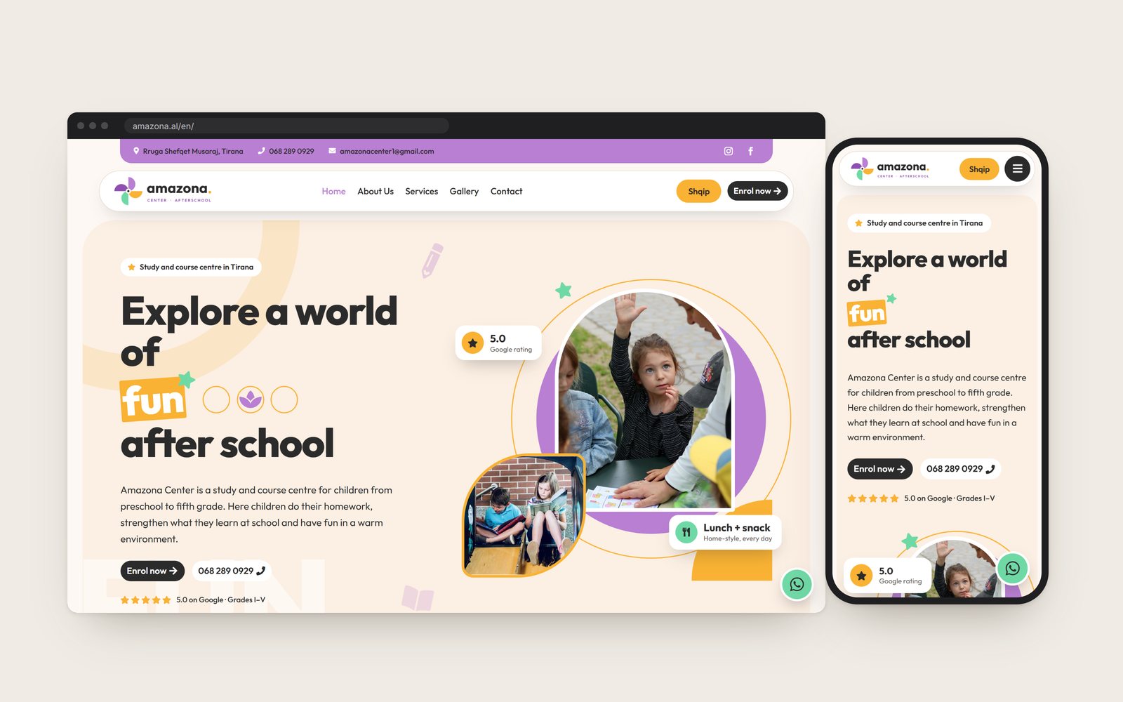 The Amazona Center home page in English in a browser, with the phone view beside it