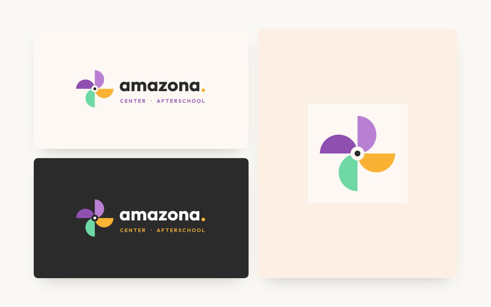 The Amazona logo: a pinwheel of four half-circles beside the name, on cream and on charcoal, and the pinwheel alone
