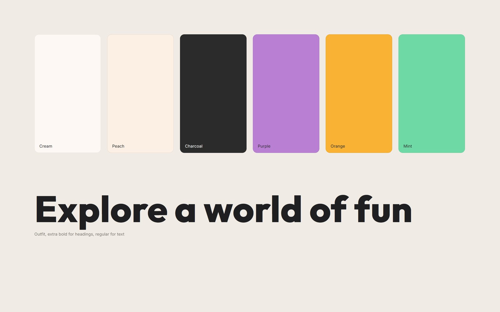 The Amazona colours cream, peach, charcoal, purple, orange and mint, and the typeface Outfit