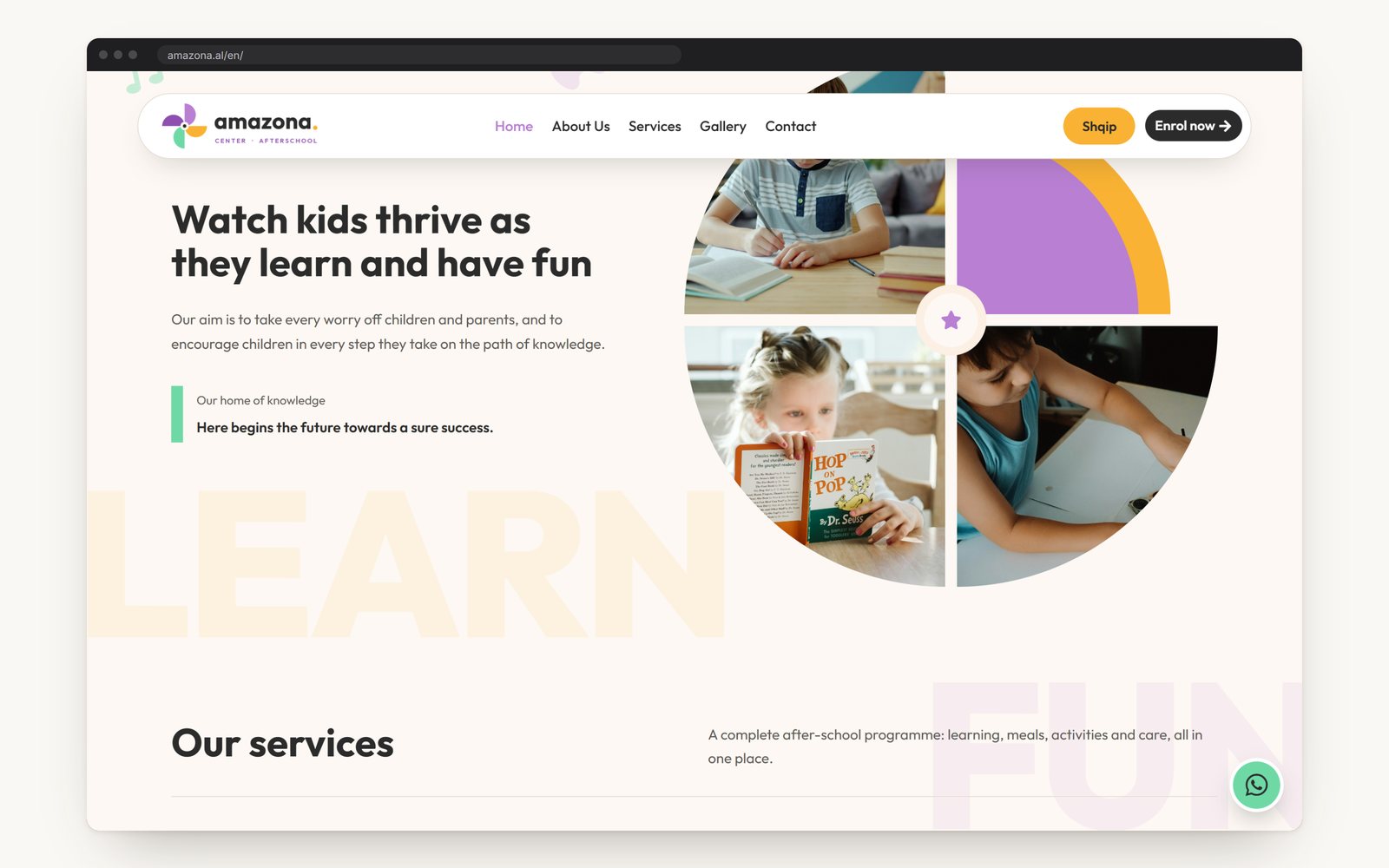 The home page: watch kids thrive as they learn and have fun, with a collage of four photos