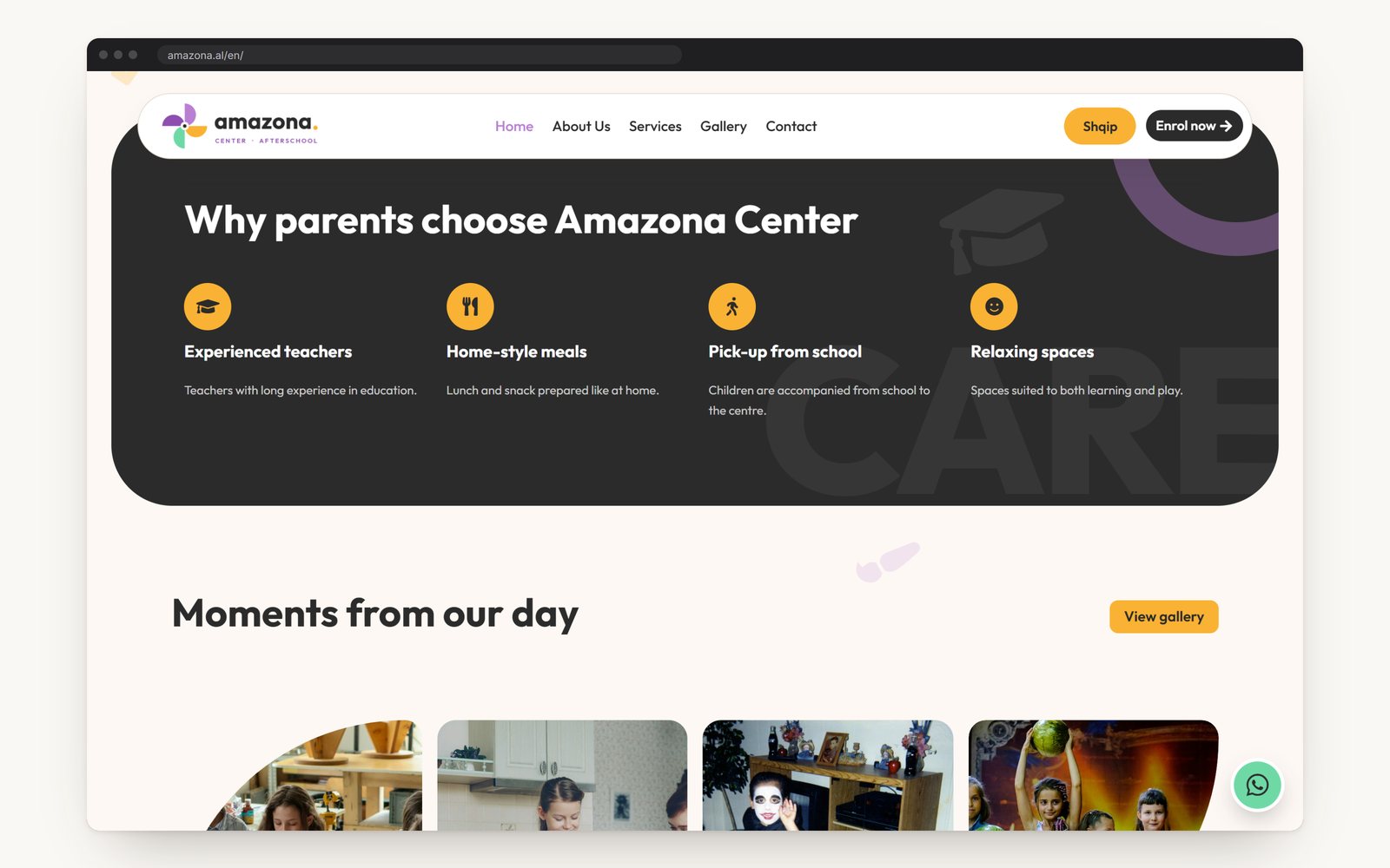 Why parents choose Amazona Center: experienced teachers, home-style meals, pick-up from school, relaxing spaces
