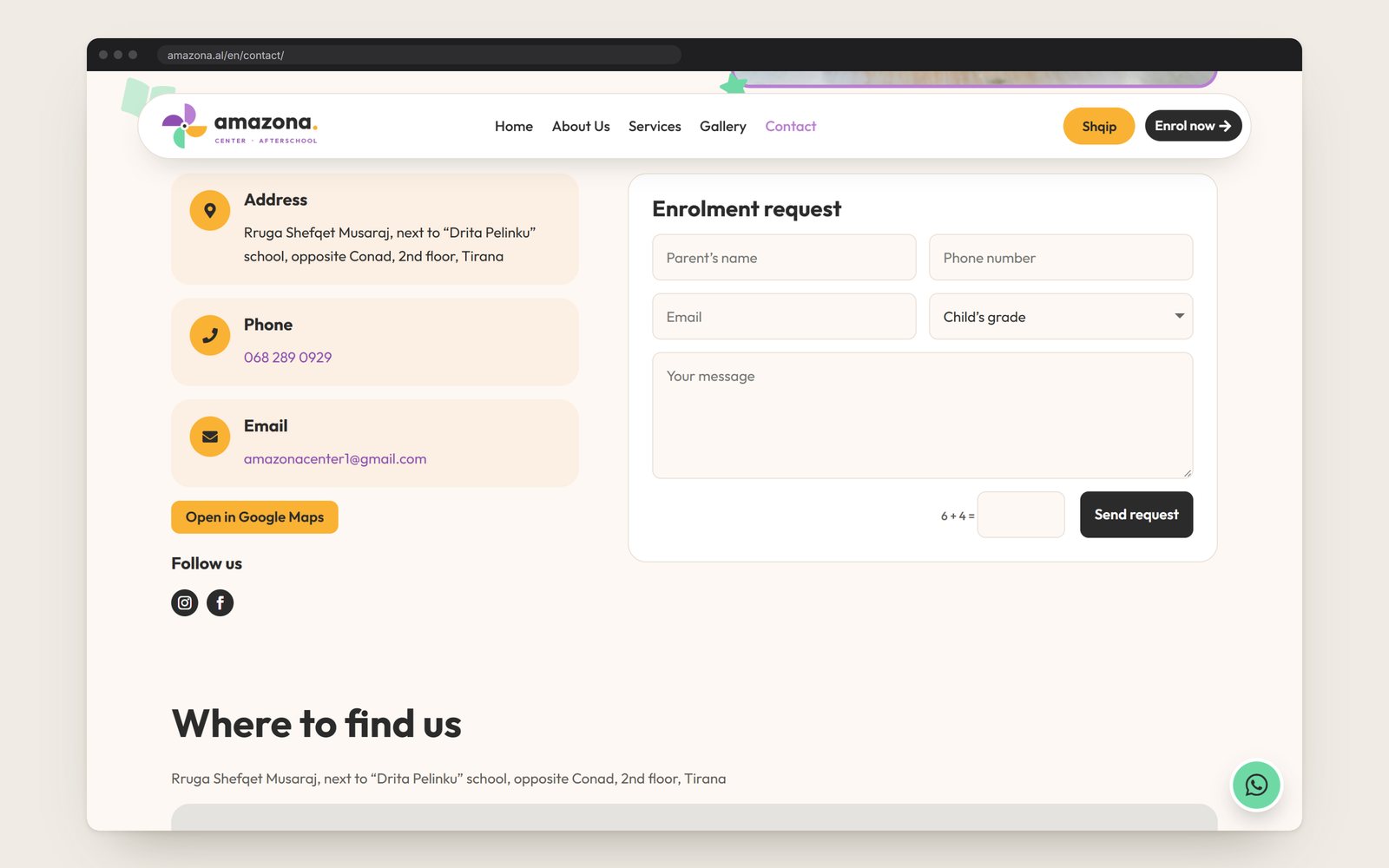 The enrolment form beside the address, phone and email