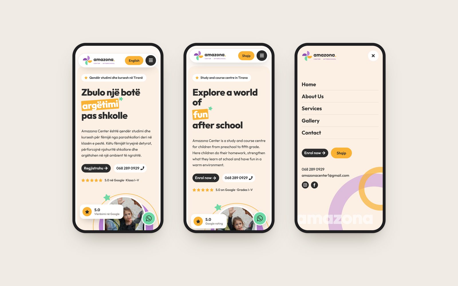 Three phone screens: the home page in Albanian and in English, and the menu