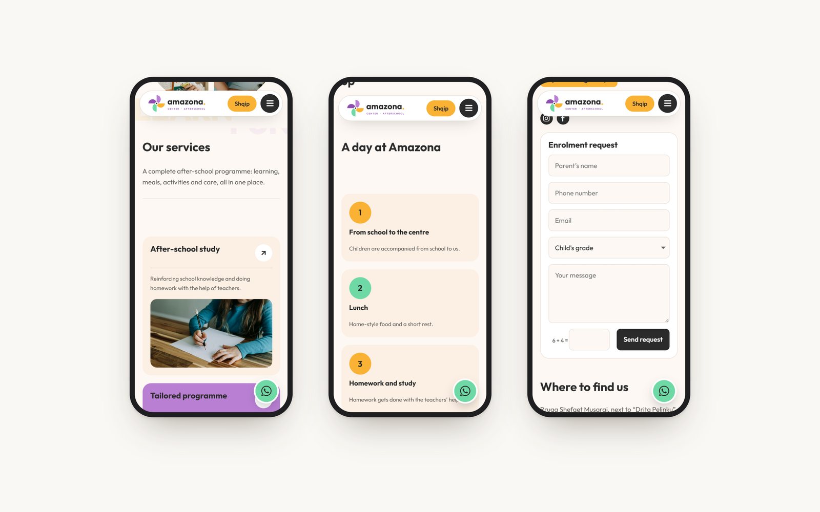 Three phone screens: the services, a day at Amazona and the enrolment form