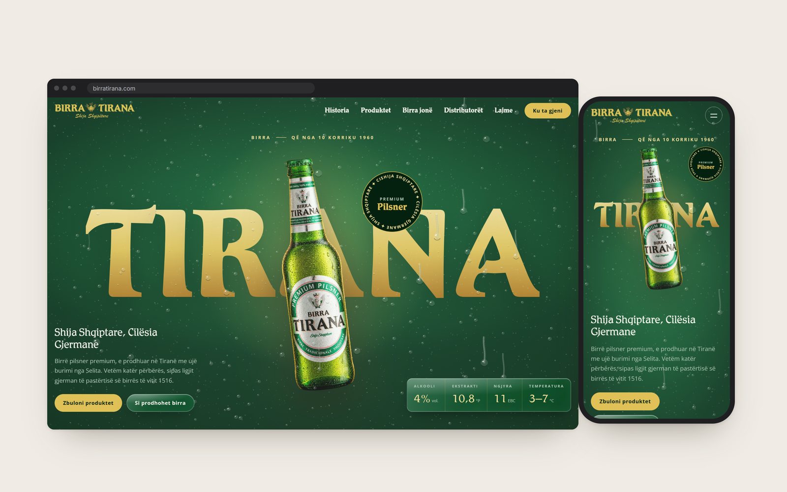 The Birra Tirana home page in a browser, with the phone view beside it: the bottle in front of the word TIRANA in gold