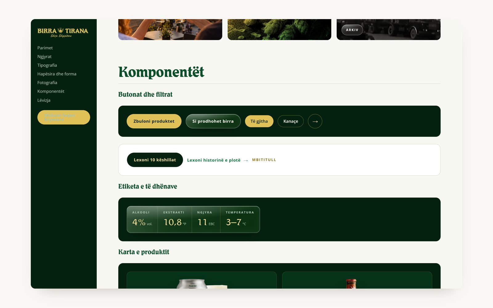 Components of the design system: buttons, filters and the data label used on the product cards