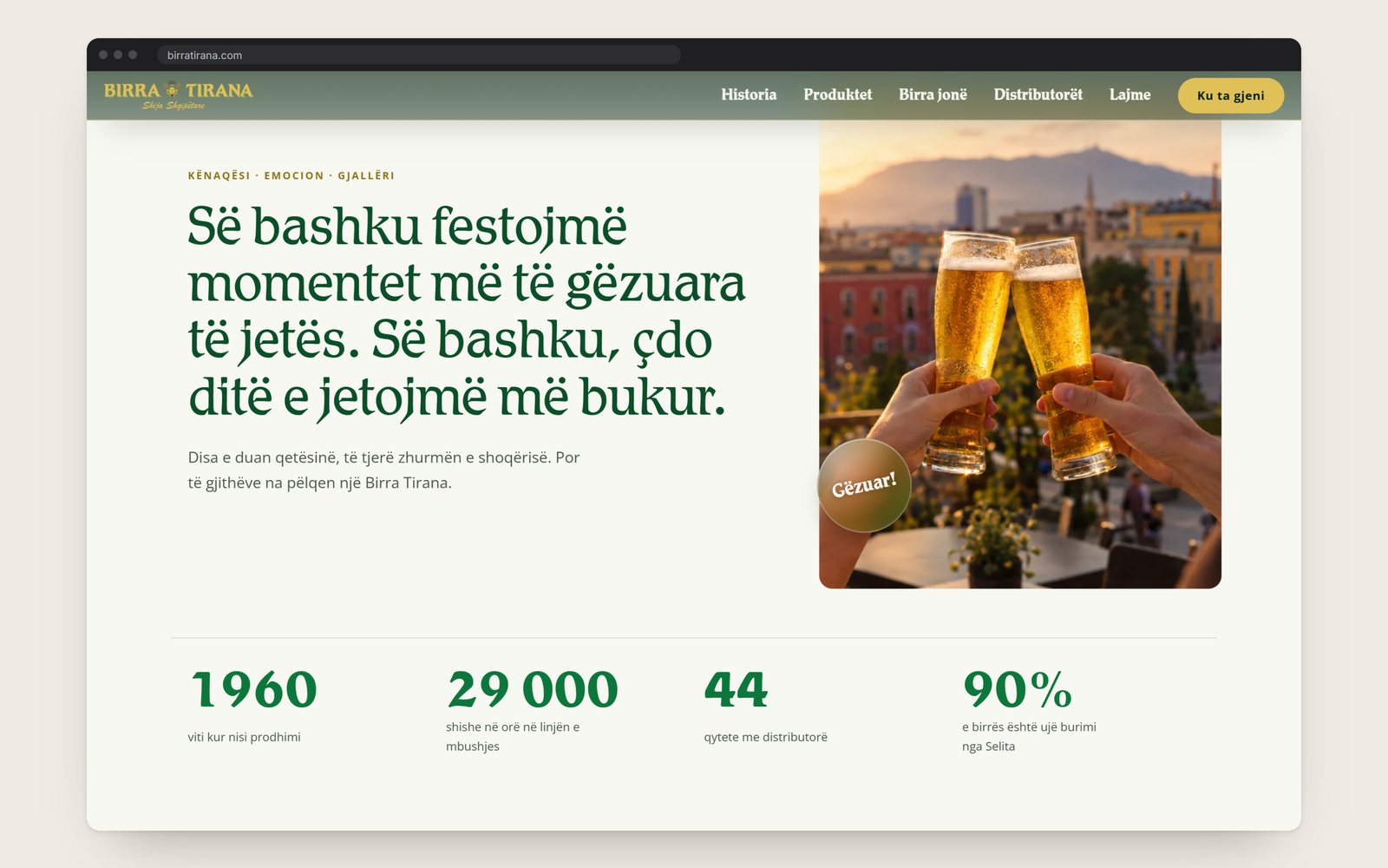 The home page: a line about celebrating together, and four figures: 1960, 29,000 bottles an hour, 44 towns, 90% spring water