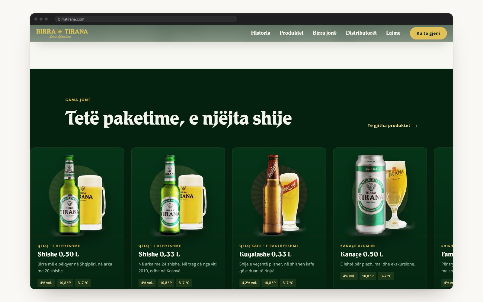 The range on the home page: eight pack formats, each with its data