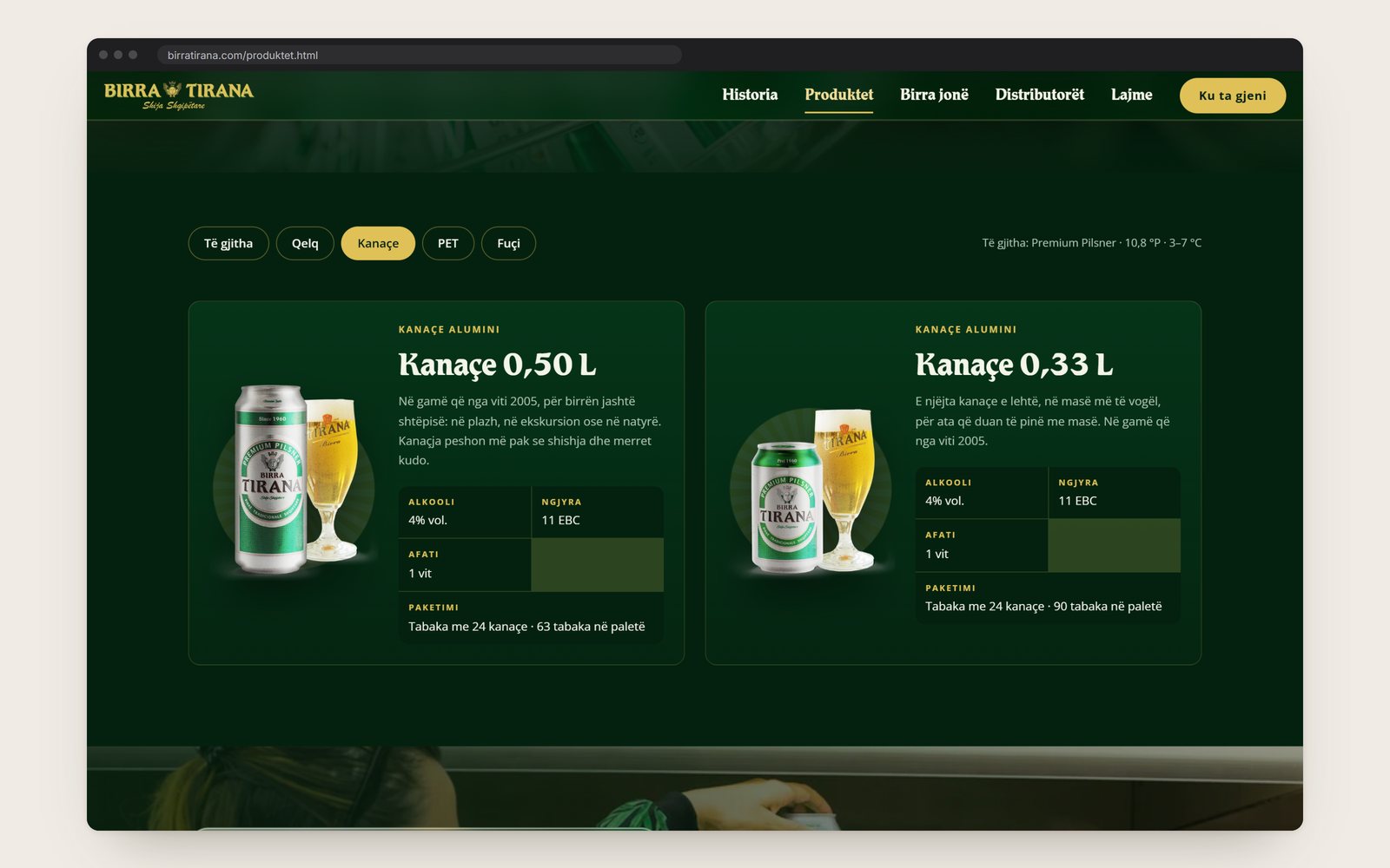 The products page filtered to cans: two cards with alcohol, colour, shelf life and packing
