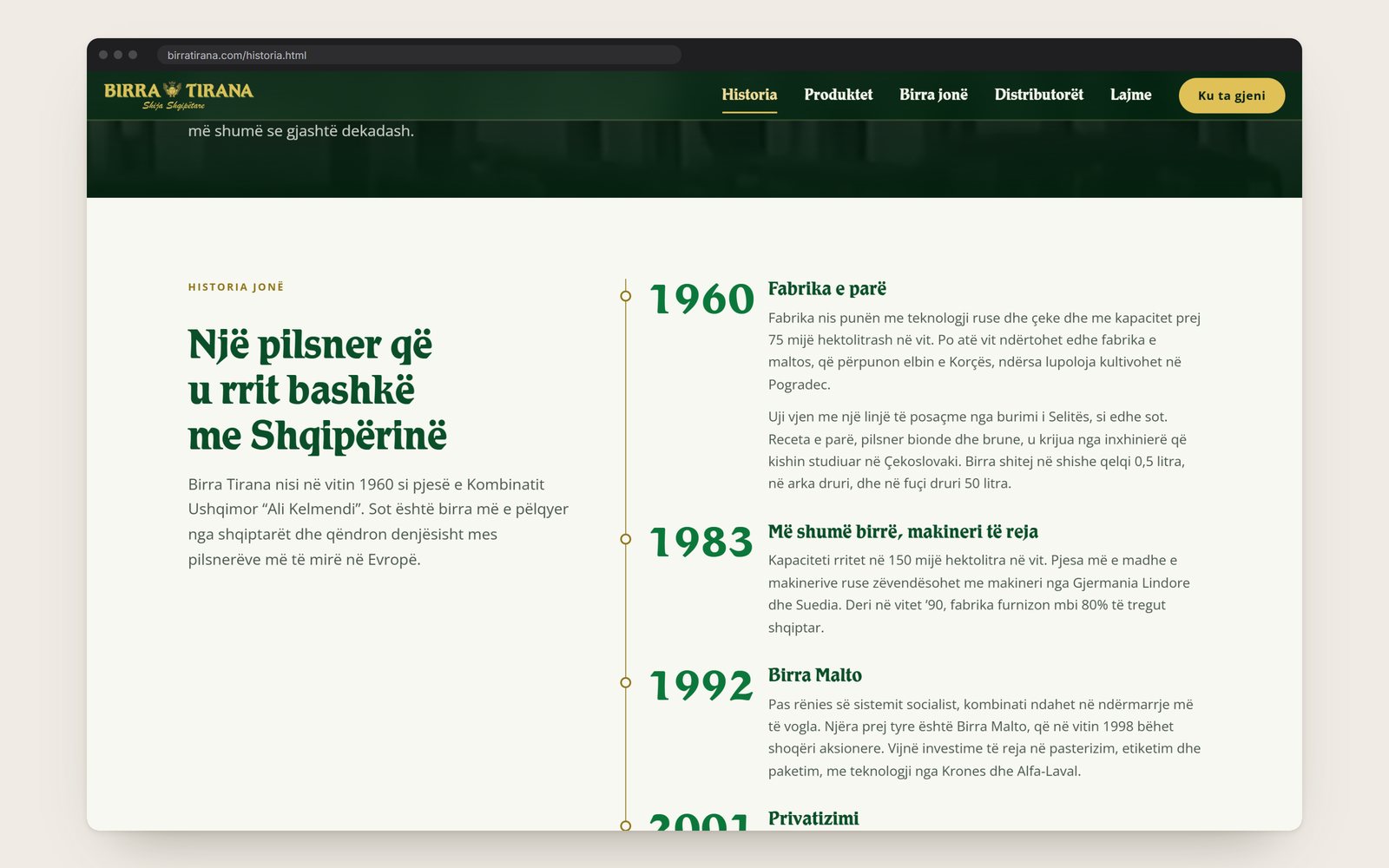 The history page: a timeline that starts with the first brewery in 1960