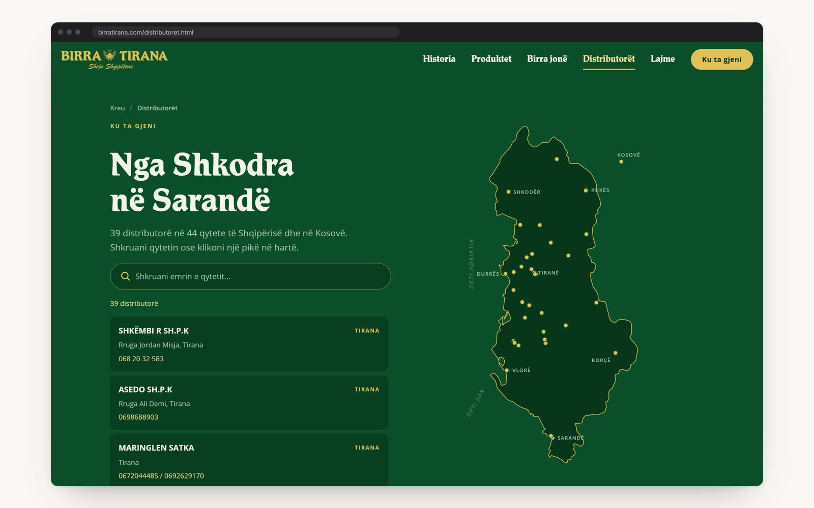 The distributors page: a map of Albania and Kosovo with a point for each distributor, and the list beside it