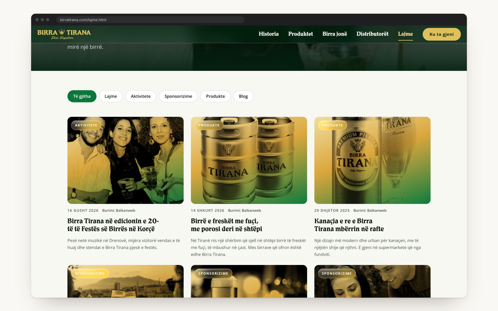 The news page with filters for news, activities, sponsorships, products and the blog