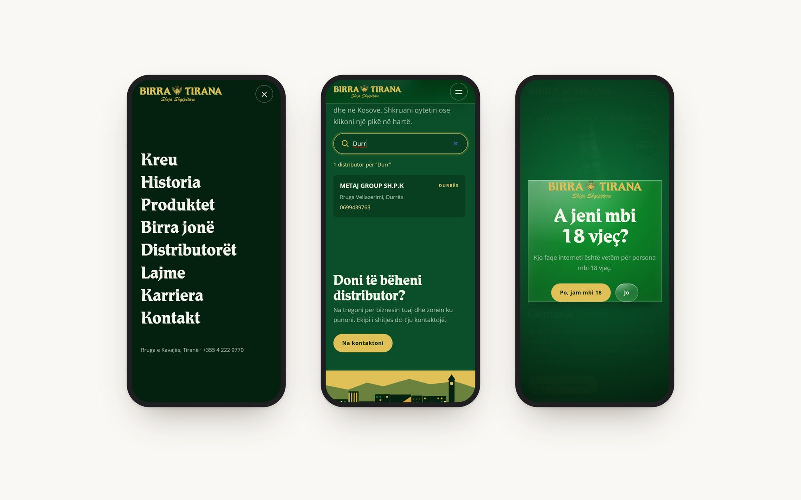 Three phone screens: the full-screen menu, the distributor search and the age gate