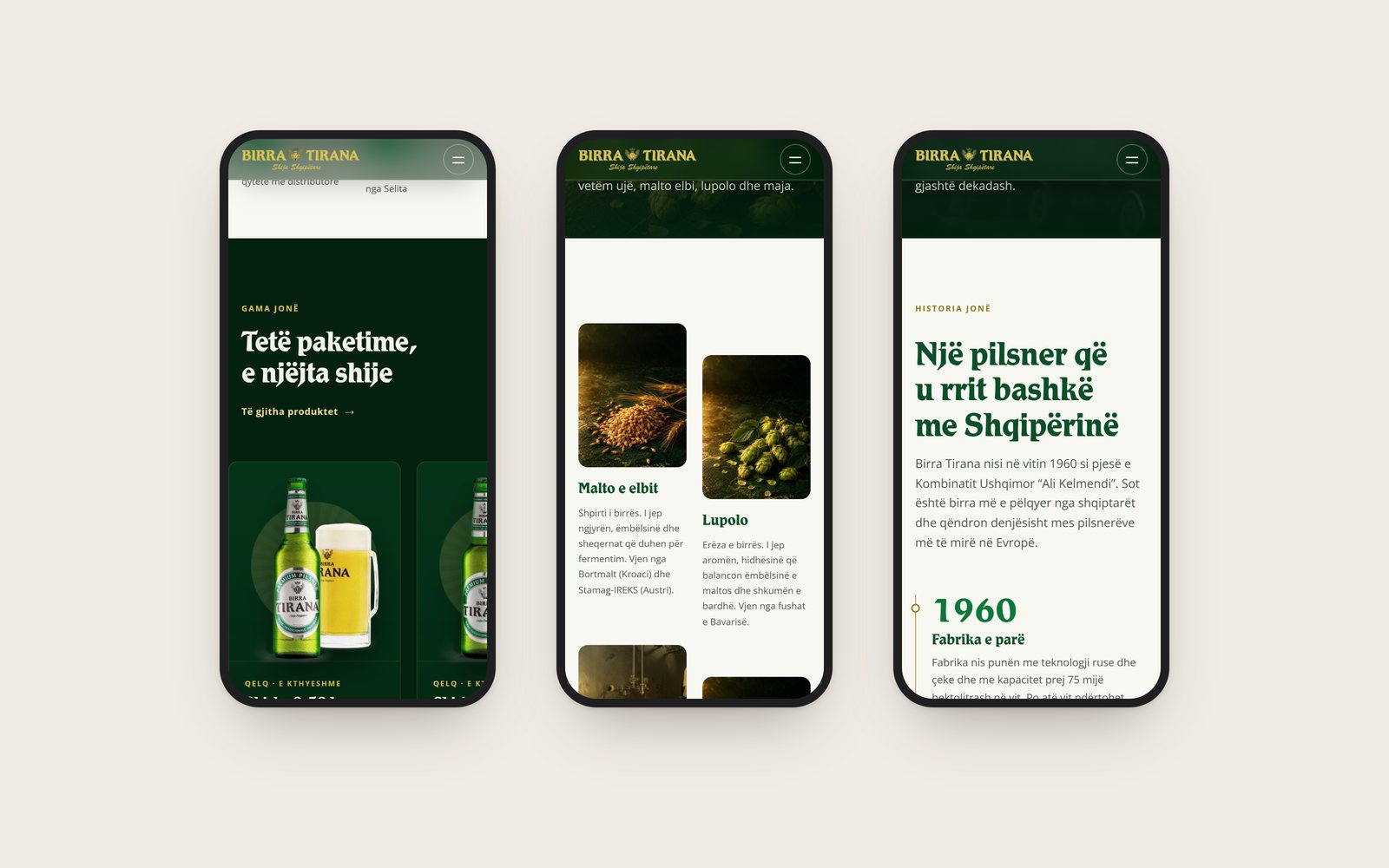 Three phone screens: the range, the ingredients and the history