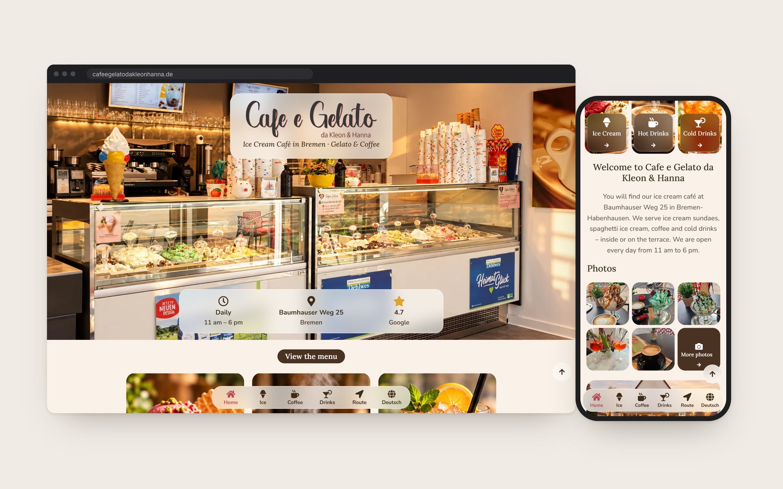 The Cafe e Gelato home page in a browser, with the phone view beside it