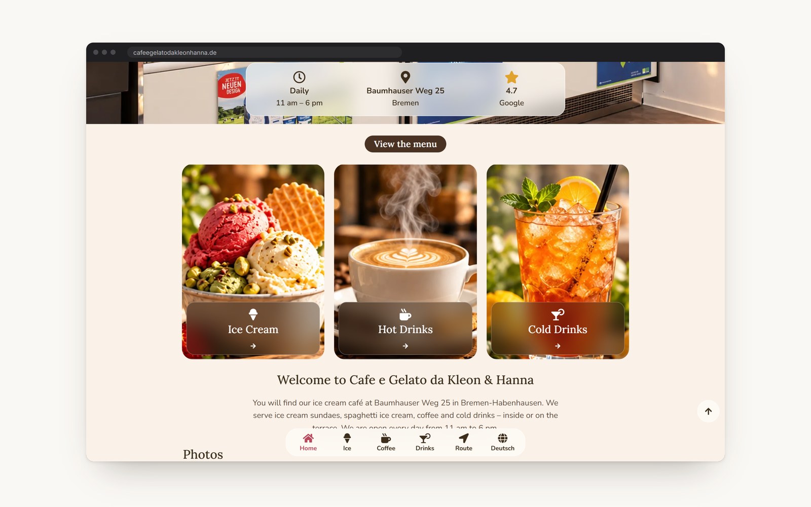 The home page: opening hours, address and rating over the counter, then ice cream, hot drinks and cold drinks