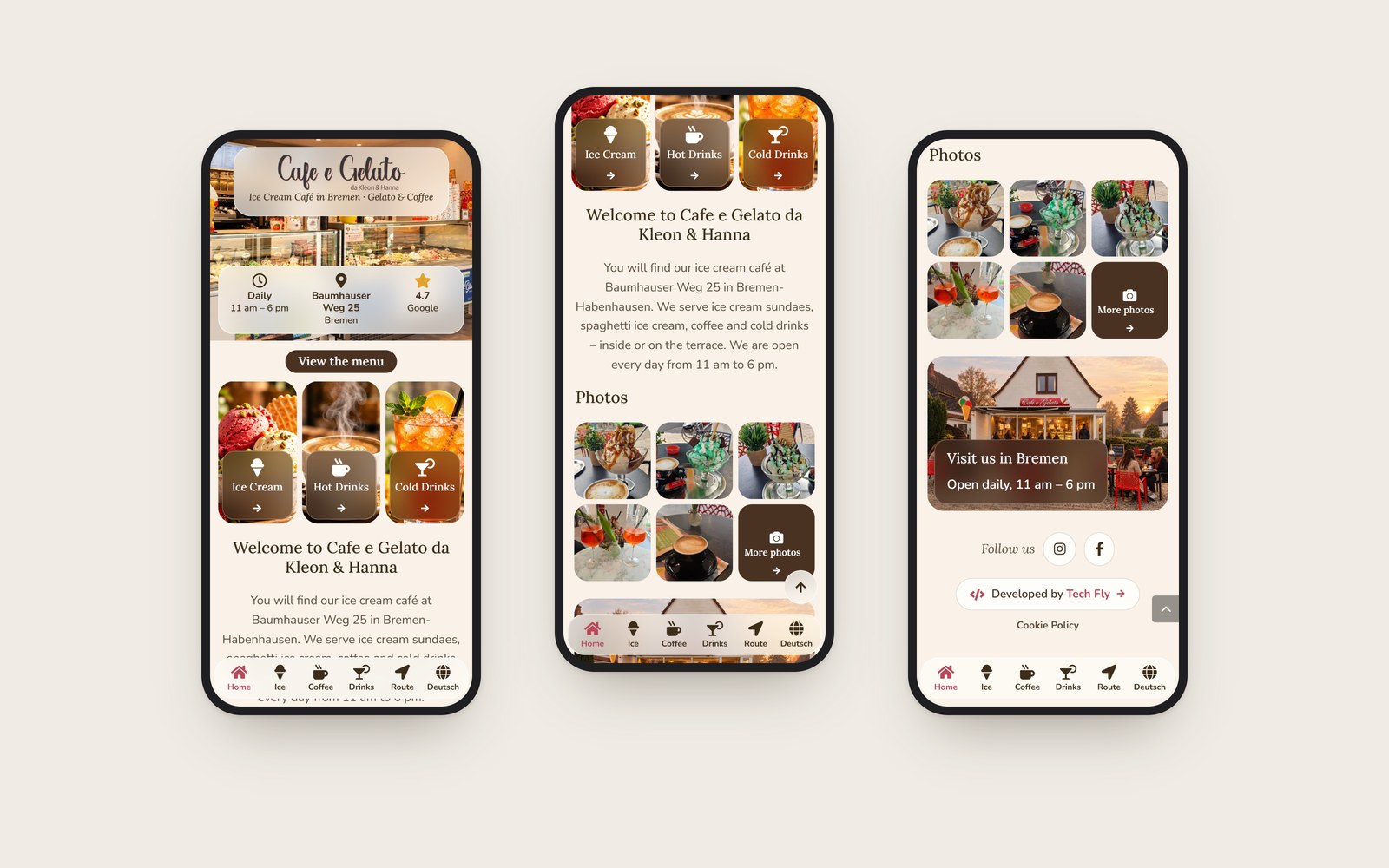 Three phone screens: the home page, the welcome text with photos, and the way to the cafe