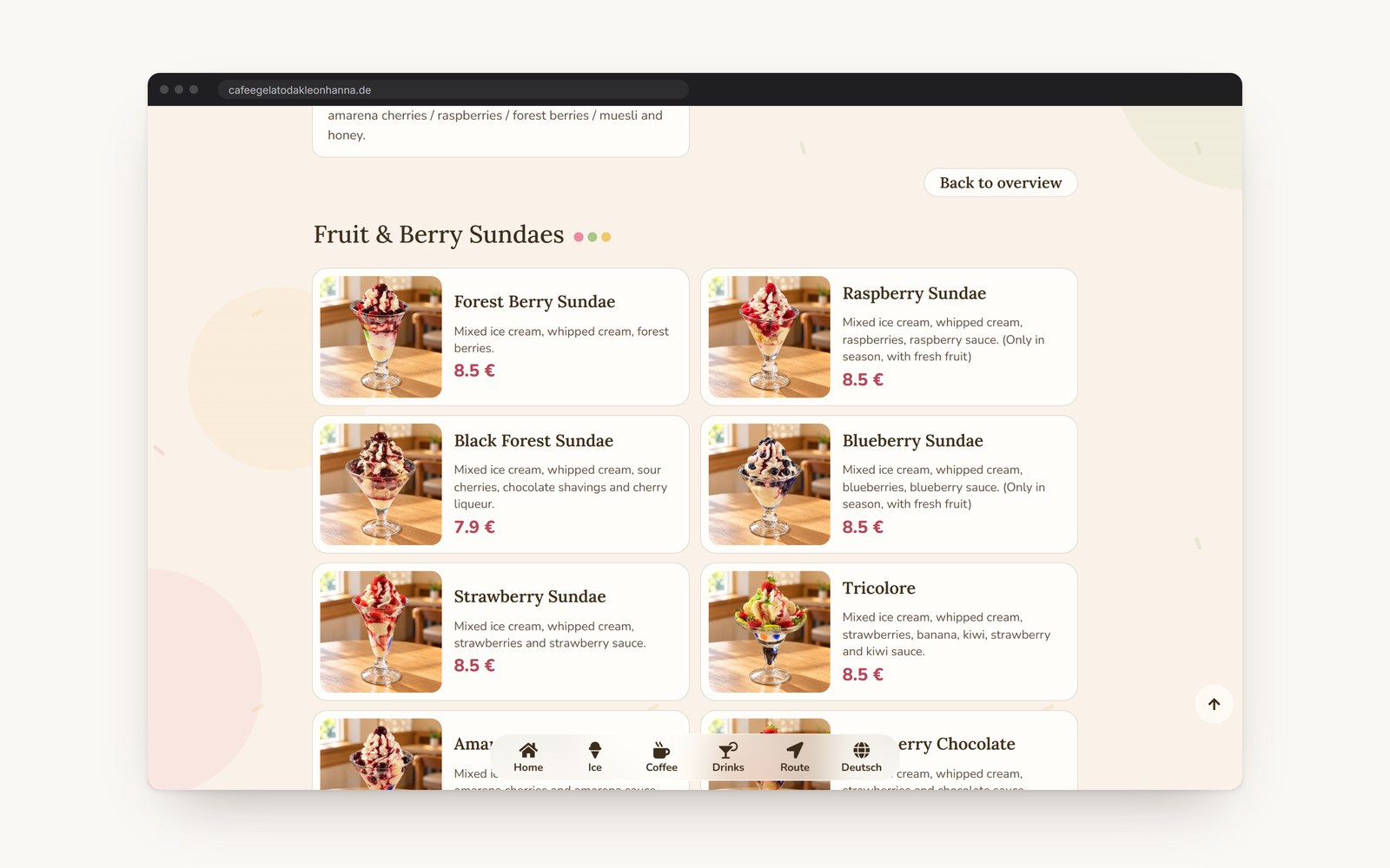 The menu page on a desktop: fruit and berry sundaes, each with its photo and its price