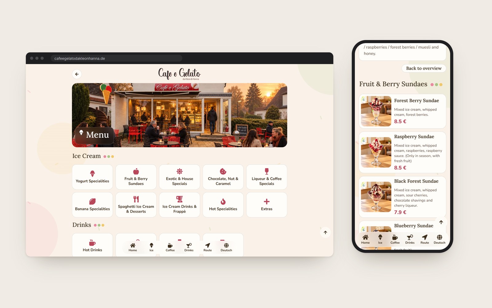 The menu's category tiles on a desktop and the sundae list with photos on a phone