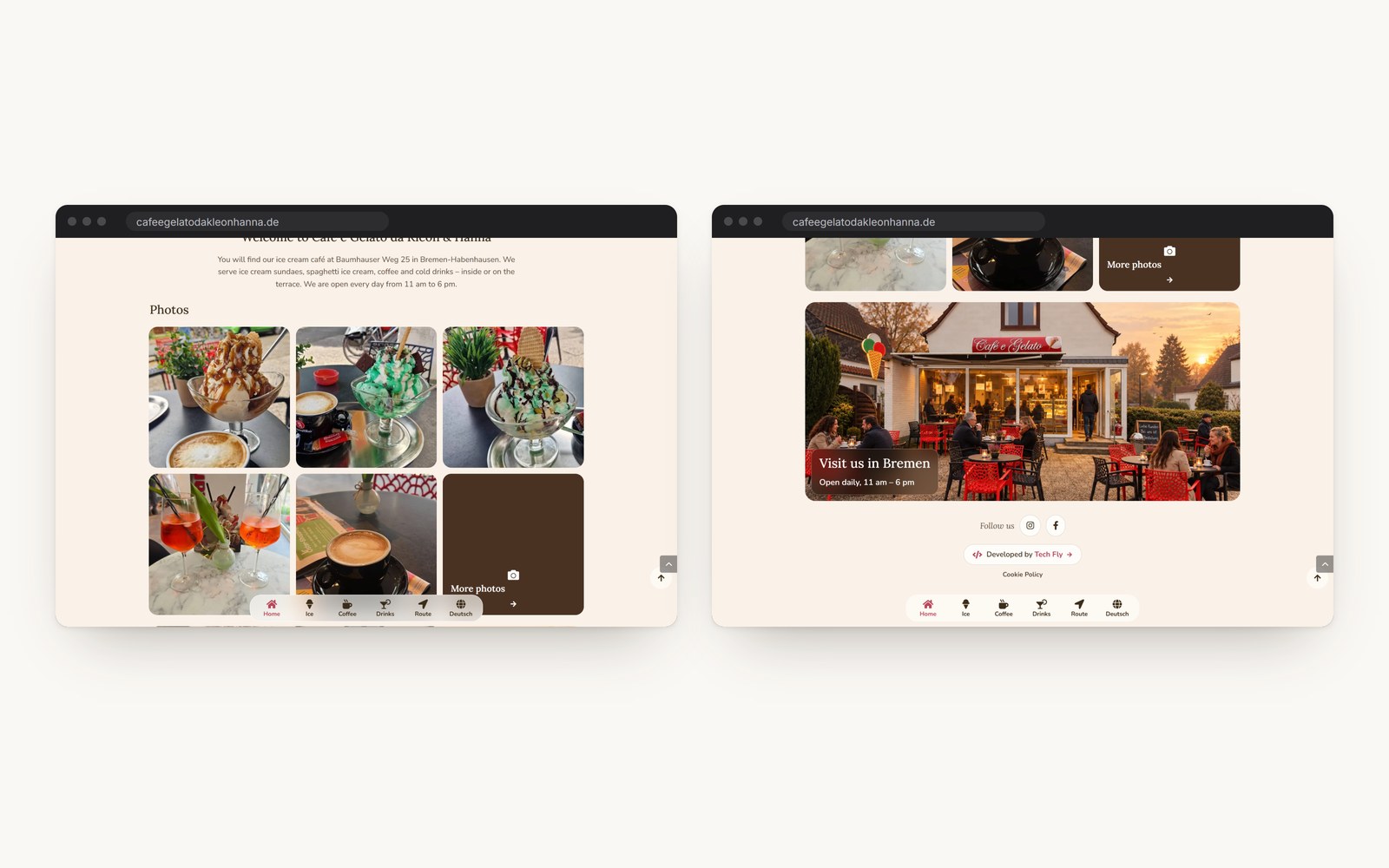 The photo gallery and the visit section of the home page