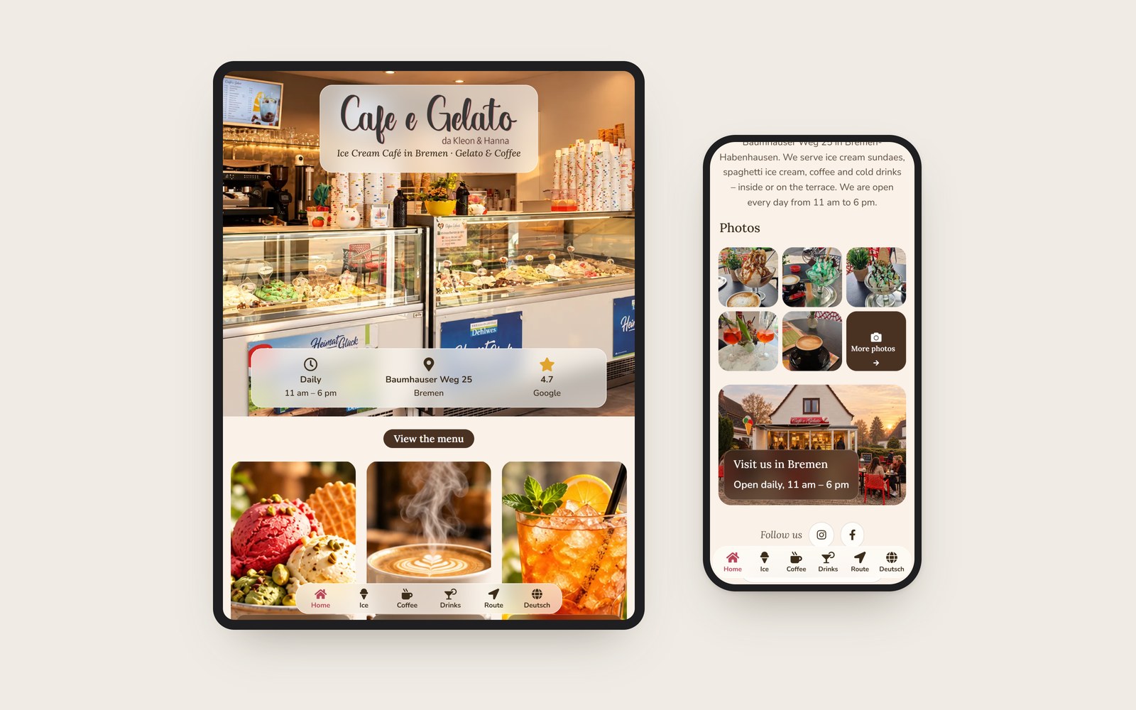 The home page on a tablet and the photo gallery on a phone