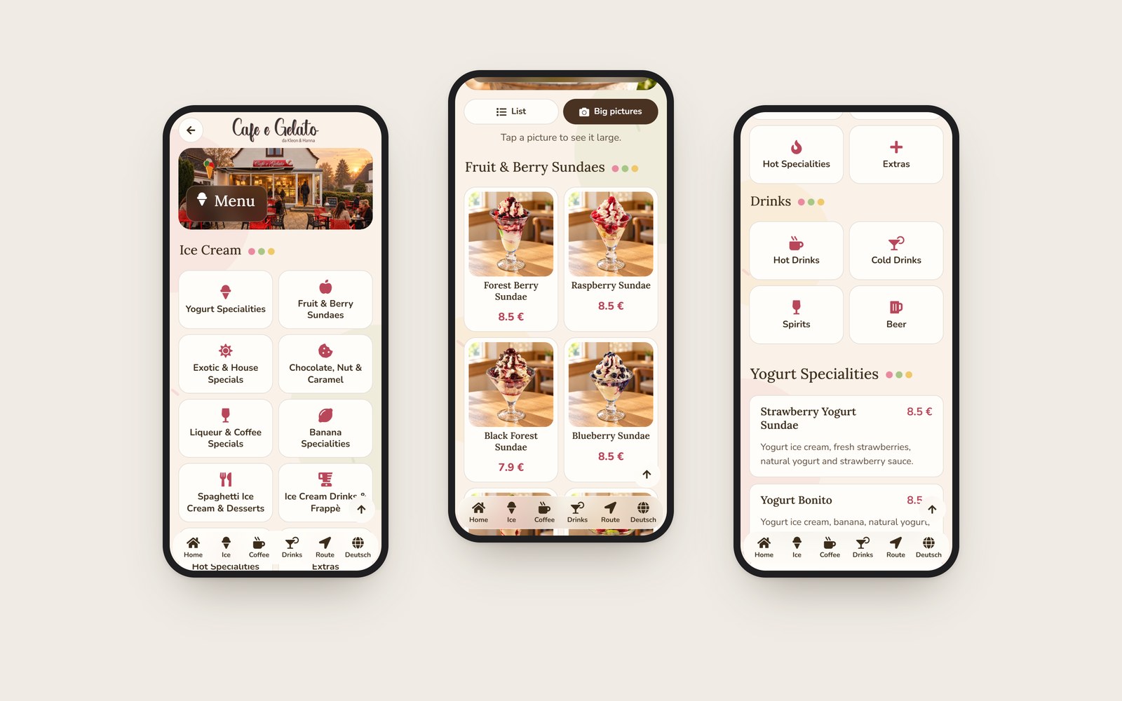 The menu on three phone screens: categories, sundaes as big pictures, and drinks